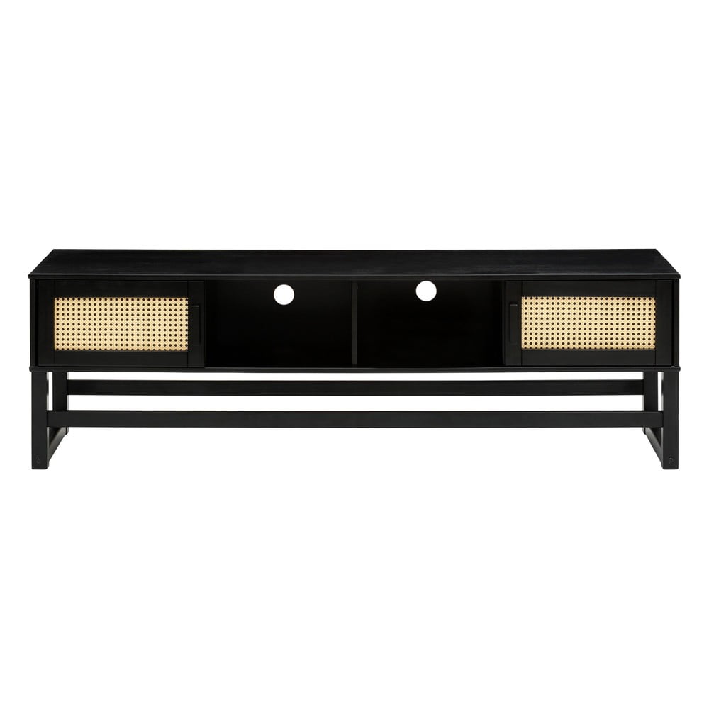 Čierny TV stolík z borovicového dreva s ratanovými dvierkami Støraa Jolene