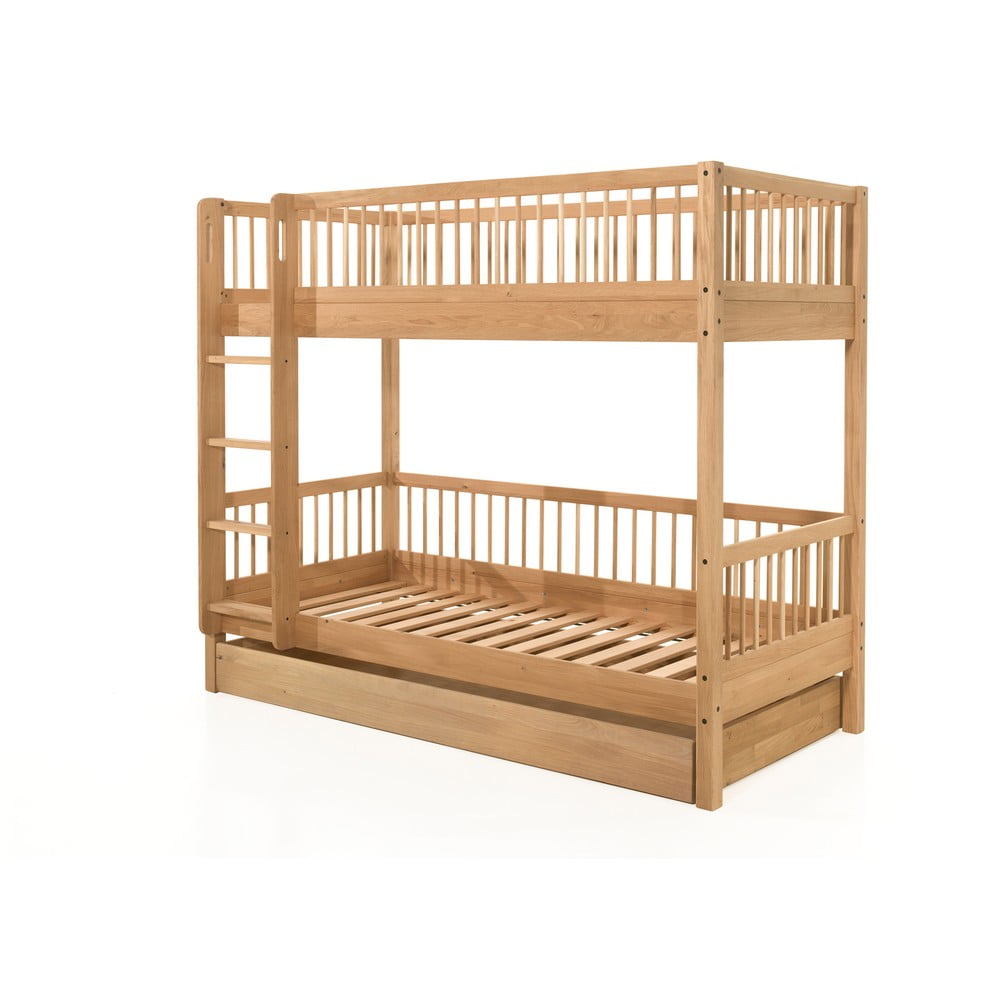 Poschodová detská posteľ z dubového dreva v prírodnej farbe s výsuvným lôžkom a úložným priestorom 90x200 cm Forrest – Vipack