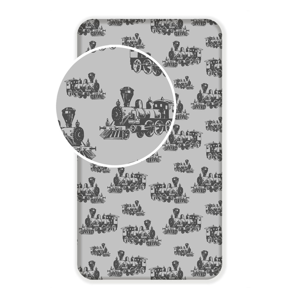 Sivá napínacia bavlnená detská plachta 90x200 cm Train – Jerry Fabrics