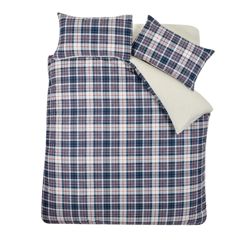 Modré/béžové obliečky na dvojlôžko s baránkom 200x200 cm Cosy Sherpa Check – Catherine Lansfield