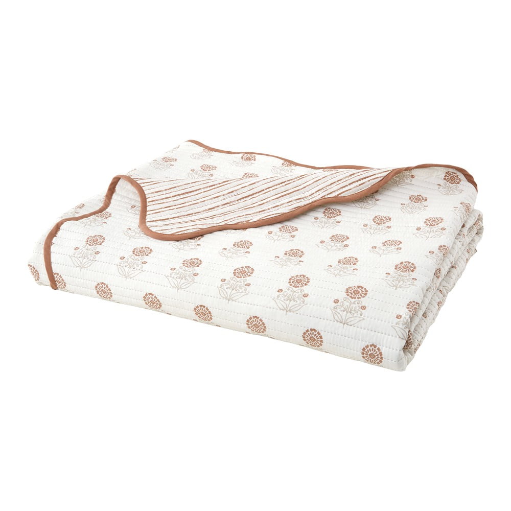 Biely prešívaný pléd 220x230 cm Woodblock Floral – Pineapple Elephant