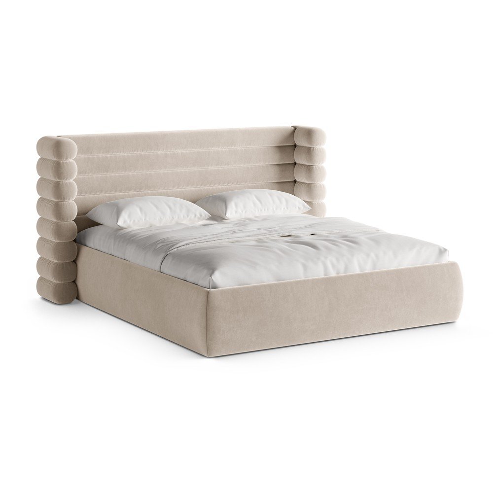 Béžová čalúnená dvojlôžková posteľ s úložným priestorom s roštom 180x200 cm Mount – Micadoni