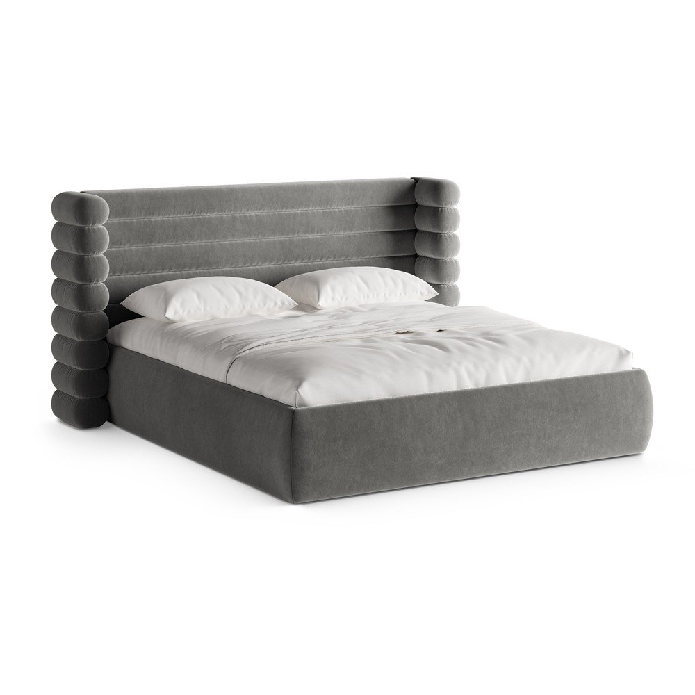 Sivá čalúnená dvojlôžková posteľ s úložným priestorom s roštom 200x200 cm Mount – Micadoni