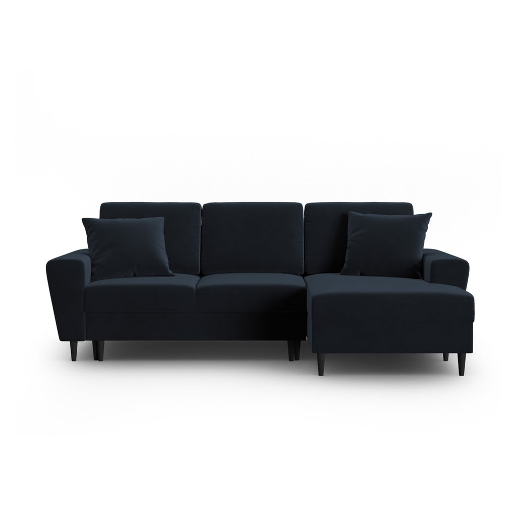 Tmavomodrá zamatová rozkladacia/s úložným priestorom rohová pohovka (pravý roh/s leňoškou) Kyoto – Cosmopolitan Design