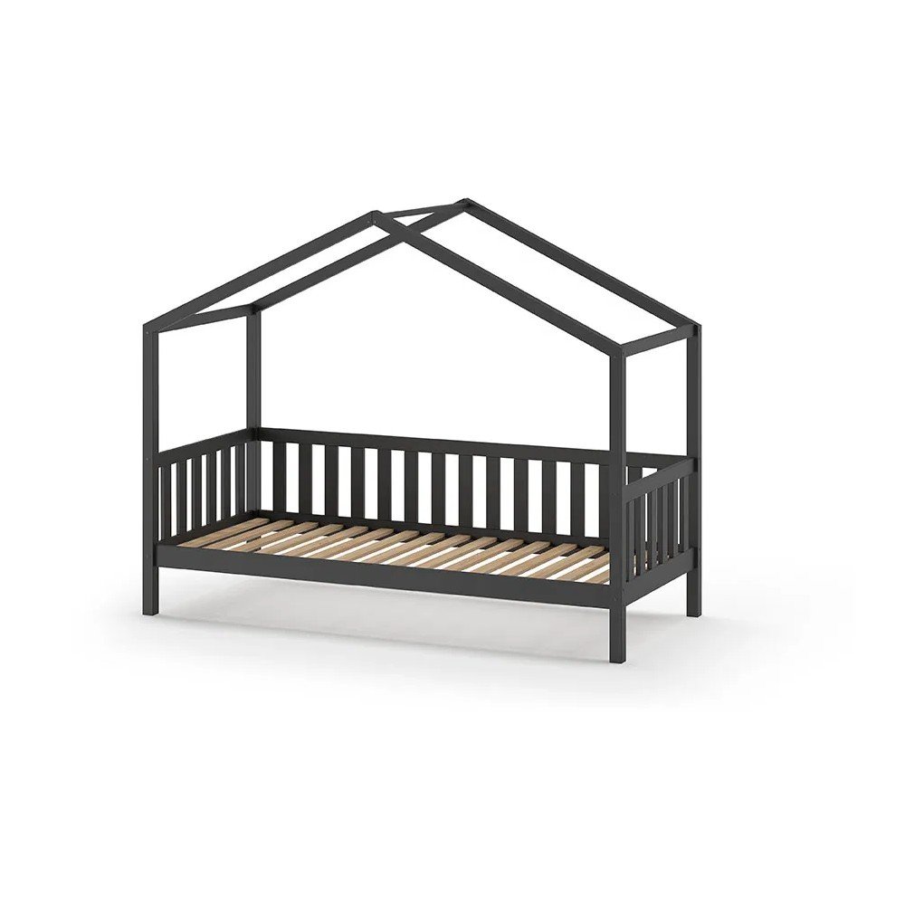 Antracitová domčeková detská posteľ z borovicového dreva 90x200 cm DALLAS – Vipack