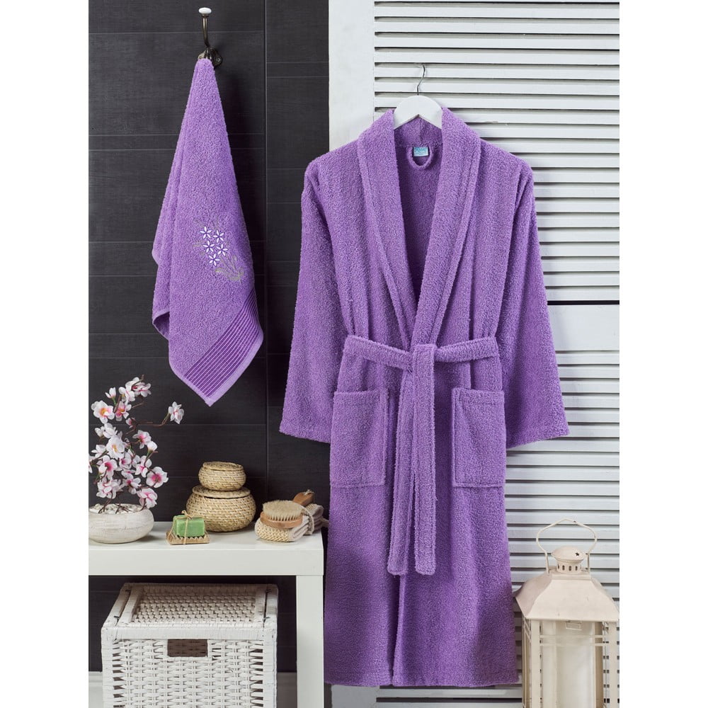 Fialový bavlnený župan a uterák v súprave veľkosť S/M – Mila Home