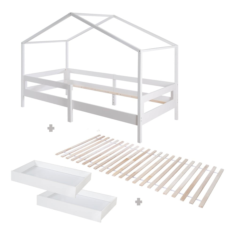 Biela domčeková detská posteľ z masívneho dreva s úložným priestorom s roštom 90x200 cm – Roba