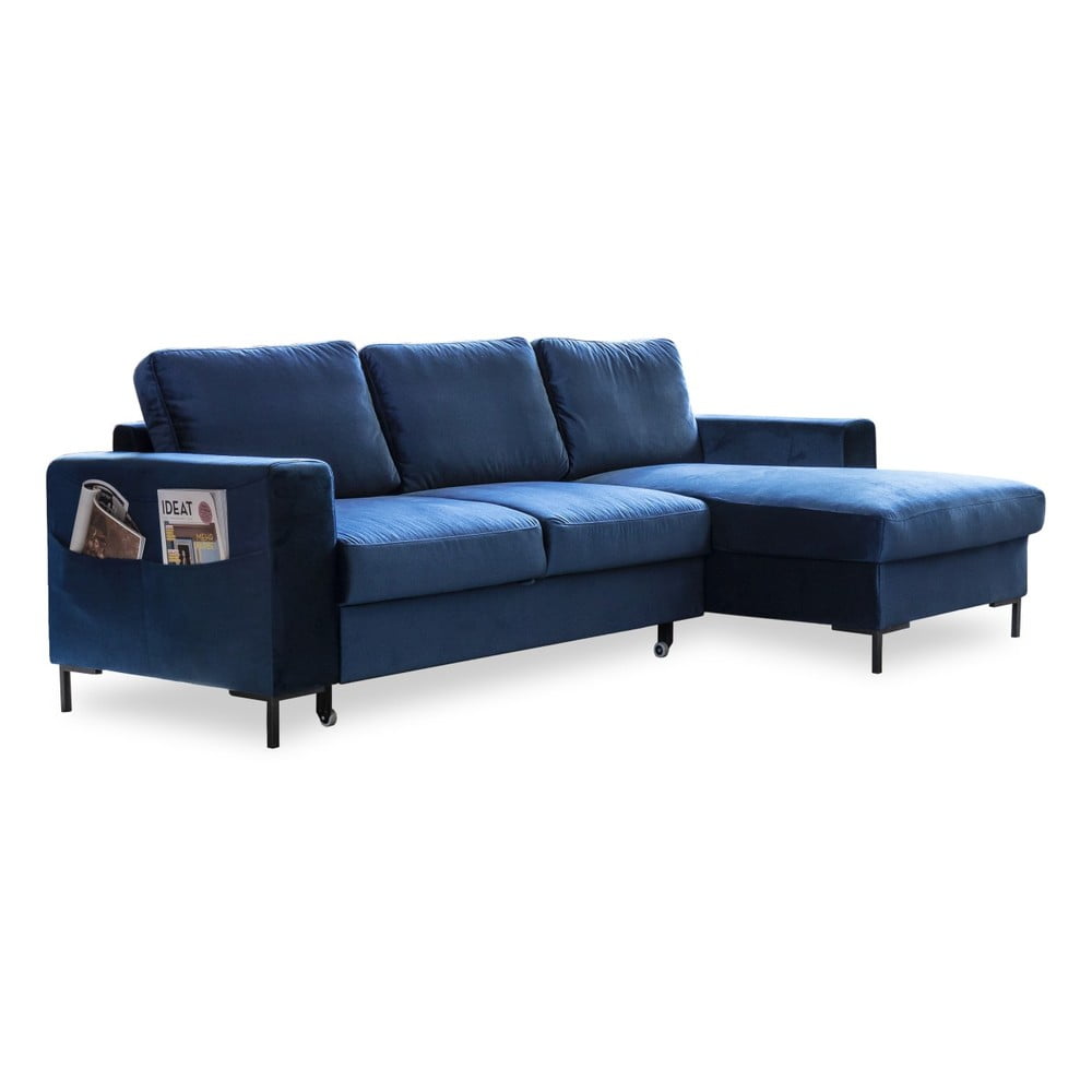 Námorníckymodrá zamatová rozkladacia rohová pohovka Miuform Lofty Lilly