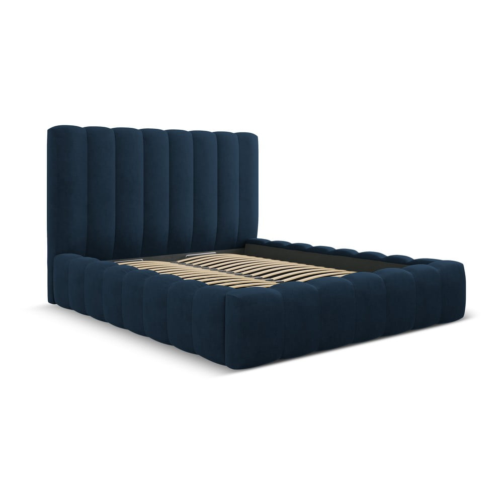 Tmavomodrá čalúnená dvojlôžková posteľ s úložným priestorom a roštom 200x200 cm Kelp – Micadoni Home