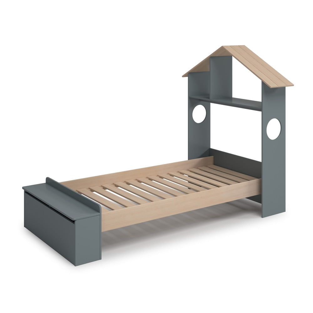 Domčeková detská posteľ v dekore borovice s úložným priestorom s roštom 90x190 cm v prírodnej farbe/sivozelená Odessa – Marckeric
