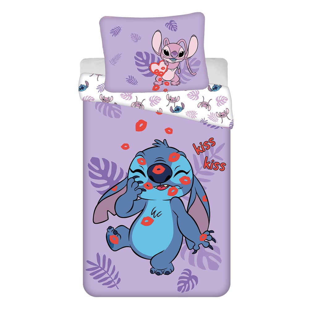 Fialová bavlnená detská obliečka na jednolôžko 140x200 cm Lilo and Stitch "Kiss" – Jerry Fabrics