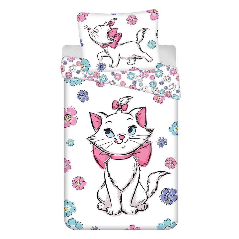 Biele bavlnené detské obliečky na jednolôžko 140x200 cm Marie Cat "Floral" – Jerry Fabrics