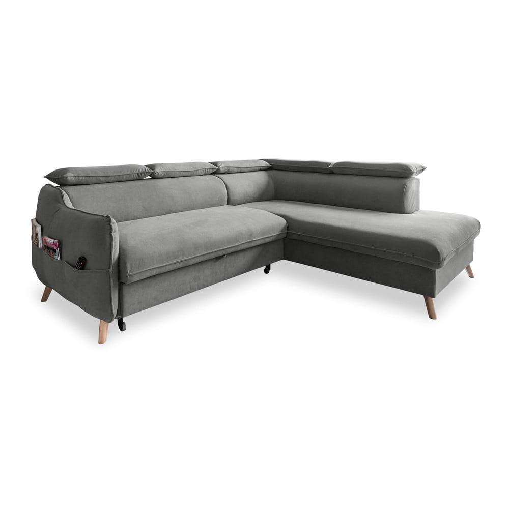 Svetlosivá zamatová rozkladacia rohová pohovka (pravý roh) Sweet Harmony – Miuform