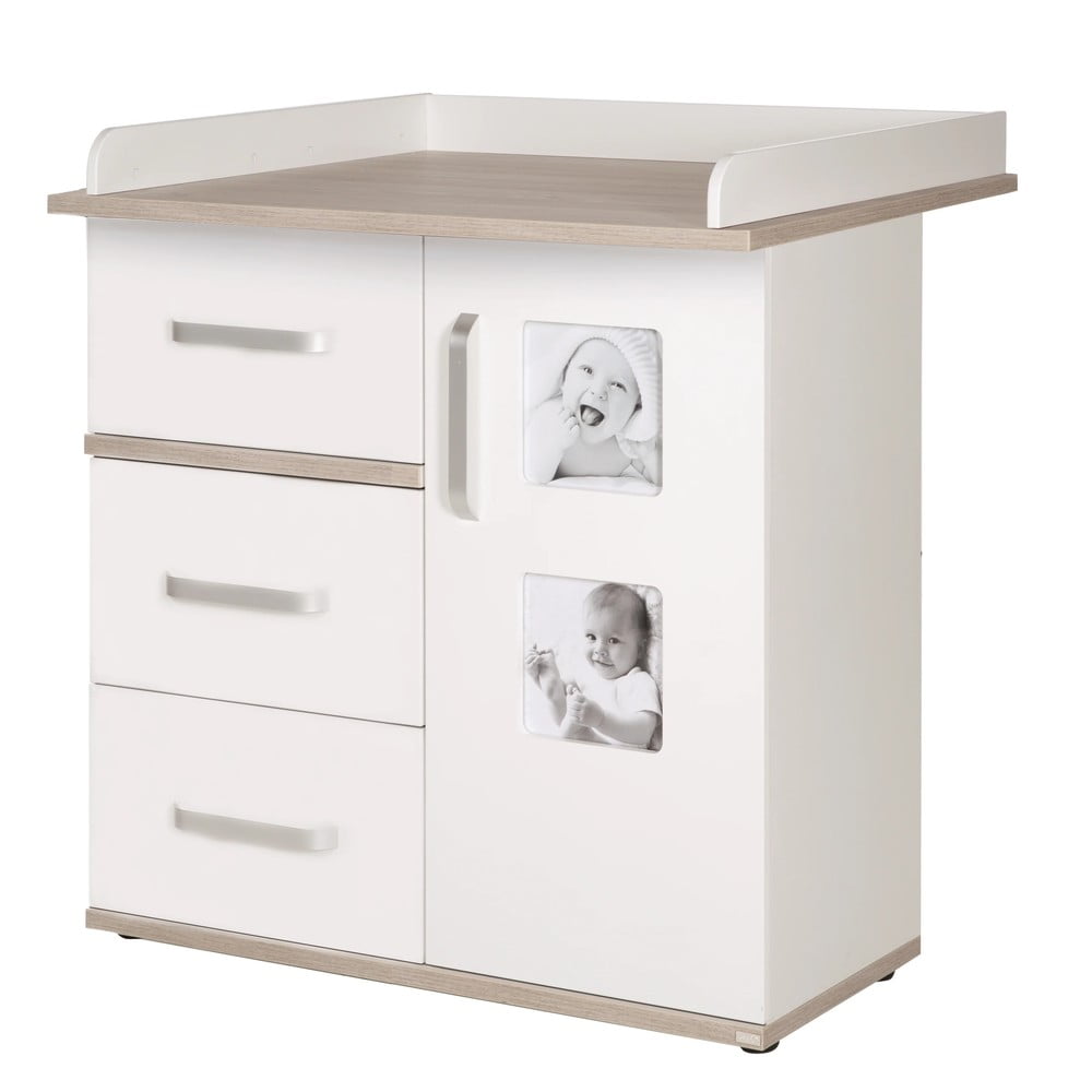 Biela vysoká detská komoda v dekore brestu s prebaľovacím pultom 94x102 cm Moritz – Roba