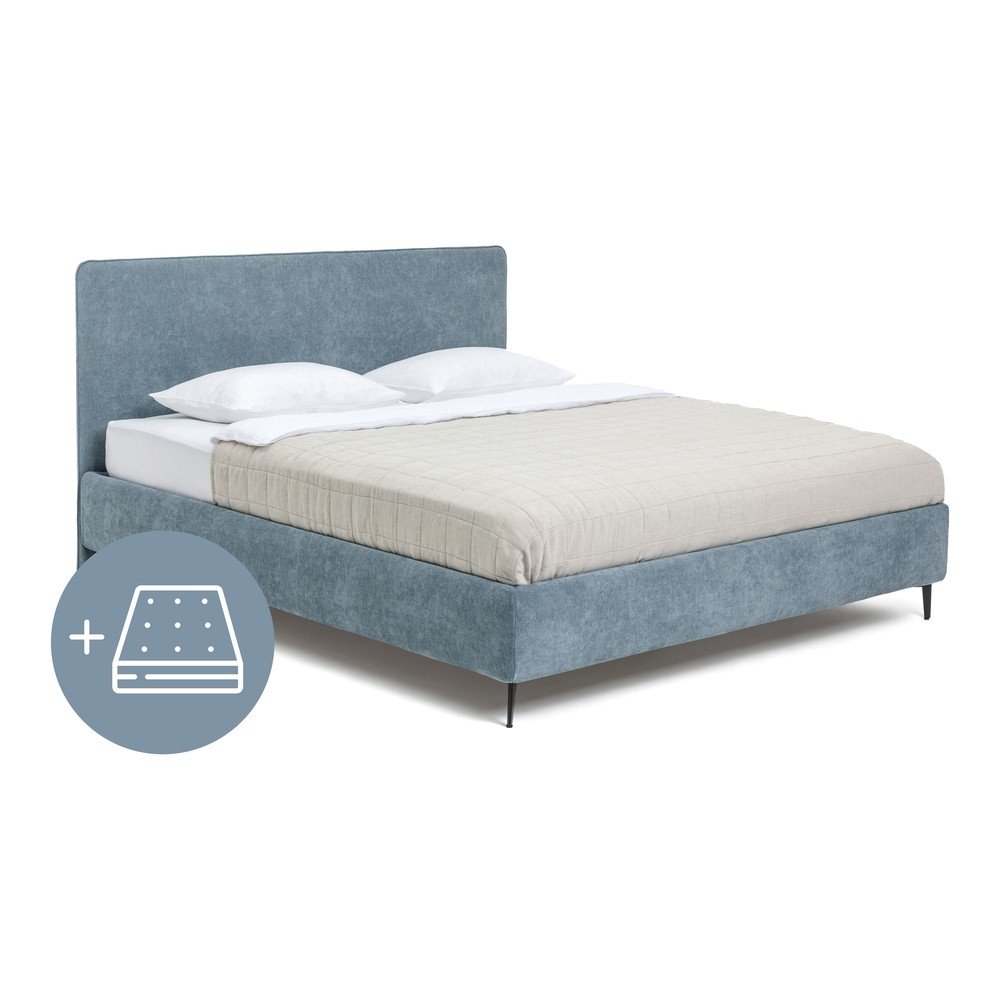 Modrá čalúnená dvojlôžková posteľ s matracom/s roštom 160x200 cm Noira Slim – Bonami Selection