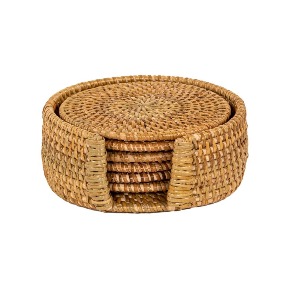 Tmavo prírodné ratanové tácky v súprave 6 ks so stojanom – Tiseco Home Studio