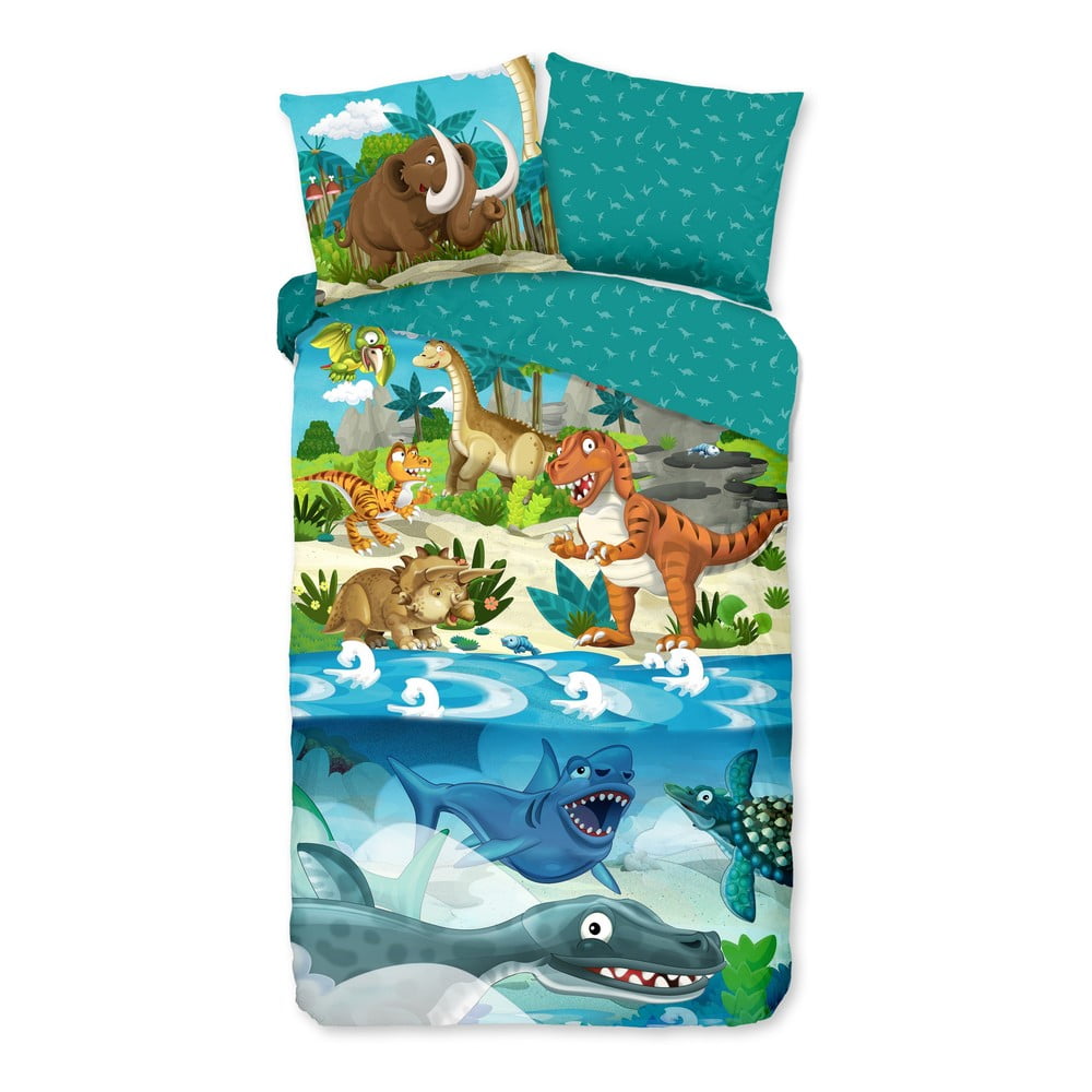 Modré bavlnené detské obliečky na jednolôžko/predĺžené 140x220 cm Prehistoric – Good Morning