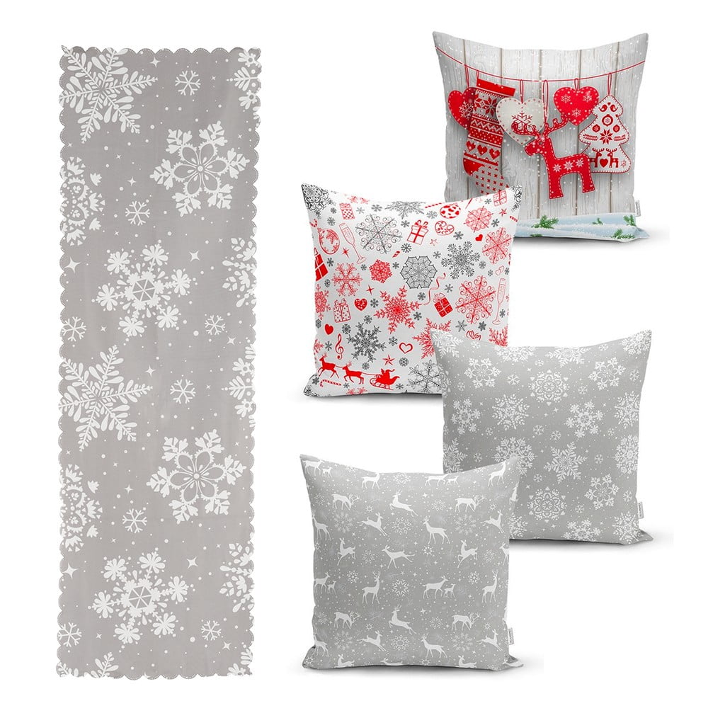 Súprava 4 vianočných obliečok na vankúš a behúň na stôl Minimalist Cushion Covers Snowflakes