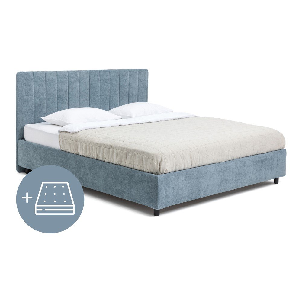 Modrá čalúnená dvojlôžková posteľ s úložným priestorom s matracom/s roštom 180x200 cm Myra Slim Line – Bonami Selection