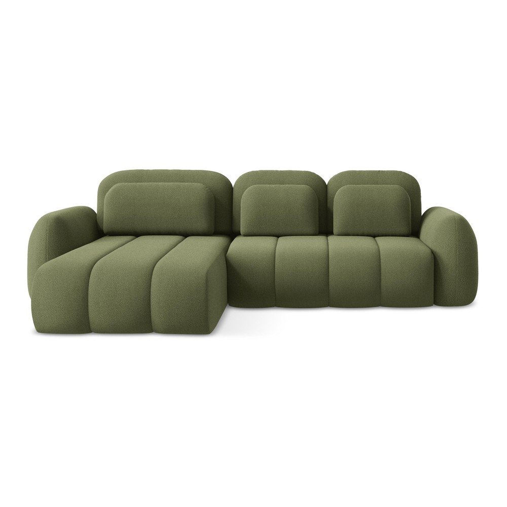 Zelená rozkladacia/s úložným priestorom rohová pohovka z textílie buklé (ľavý roh/s leňoškou) Pele – Makamii