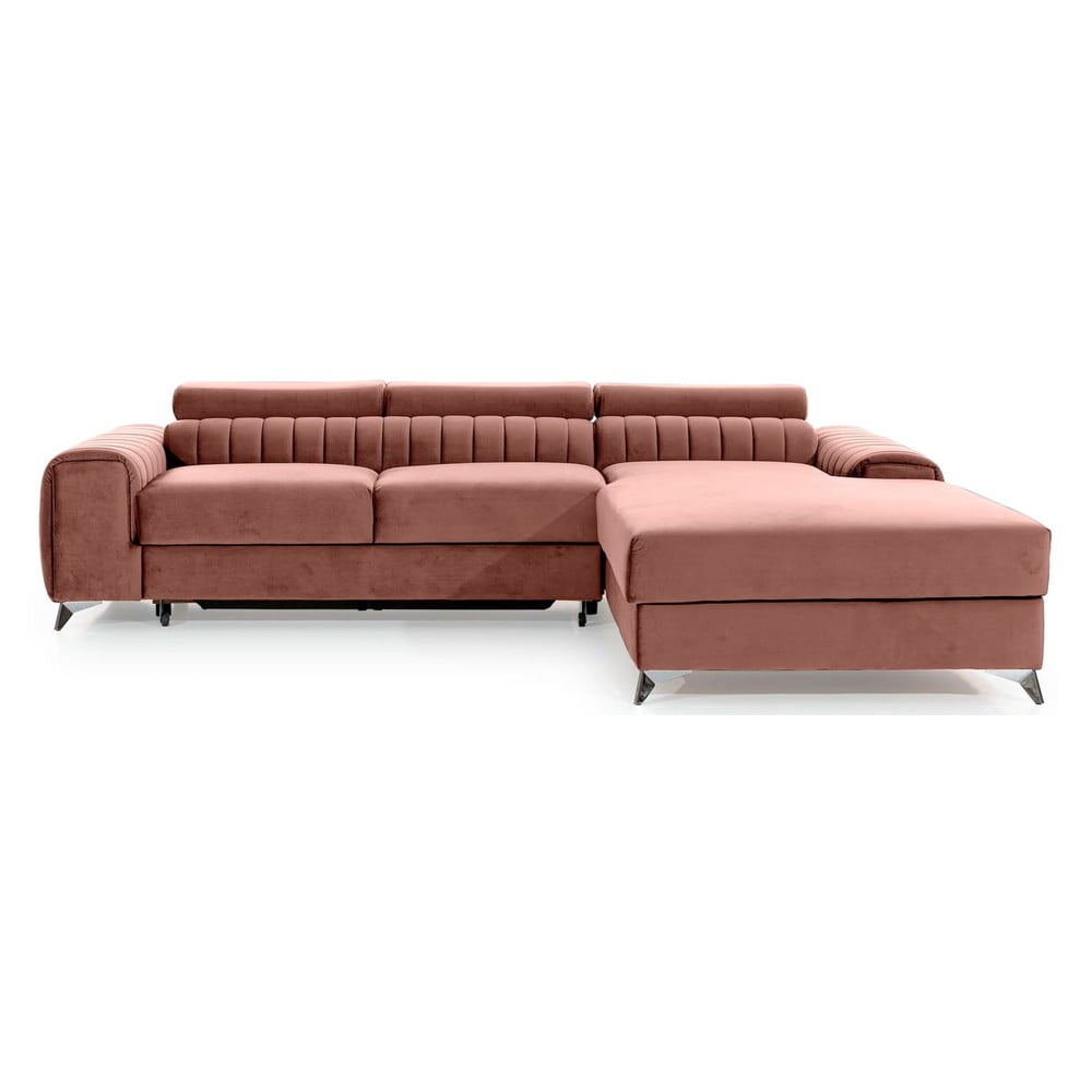 Ružová zamatová rozkladacia/s úložným priestorom rohová pohovka (pravý roh/s leňoškou) Grayson – ELTAP