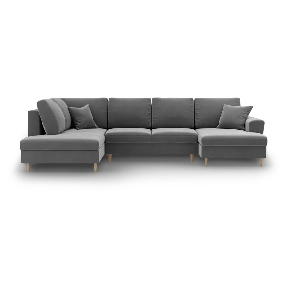 Svetlosivá zamatová rozkladacia/s úložným priestorom rohová pohovka (ľavý roh/do "U") Kyoto – Cosmopolitan Design