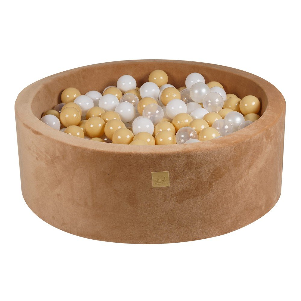 Svetlohnedý zamatový bazénik s loptičkami ø 90x30 cm Montessori – Meowbaby