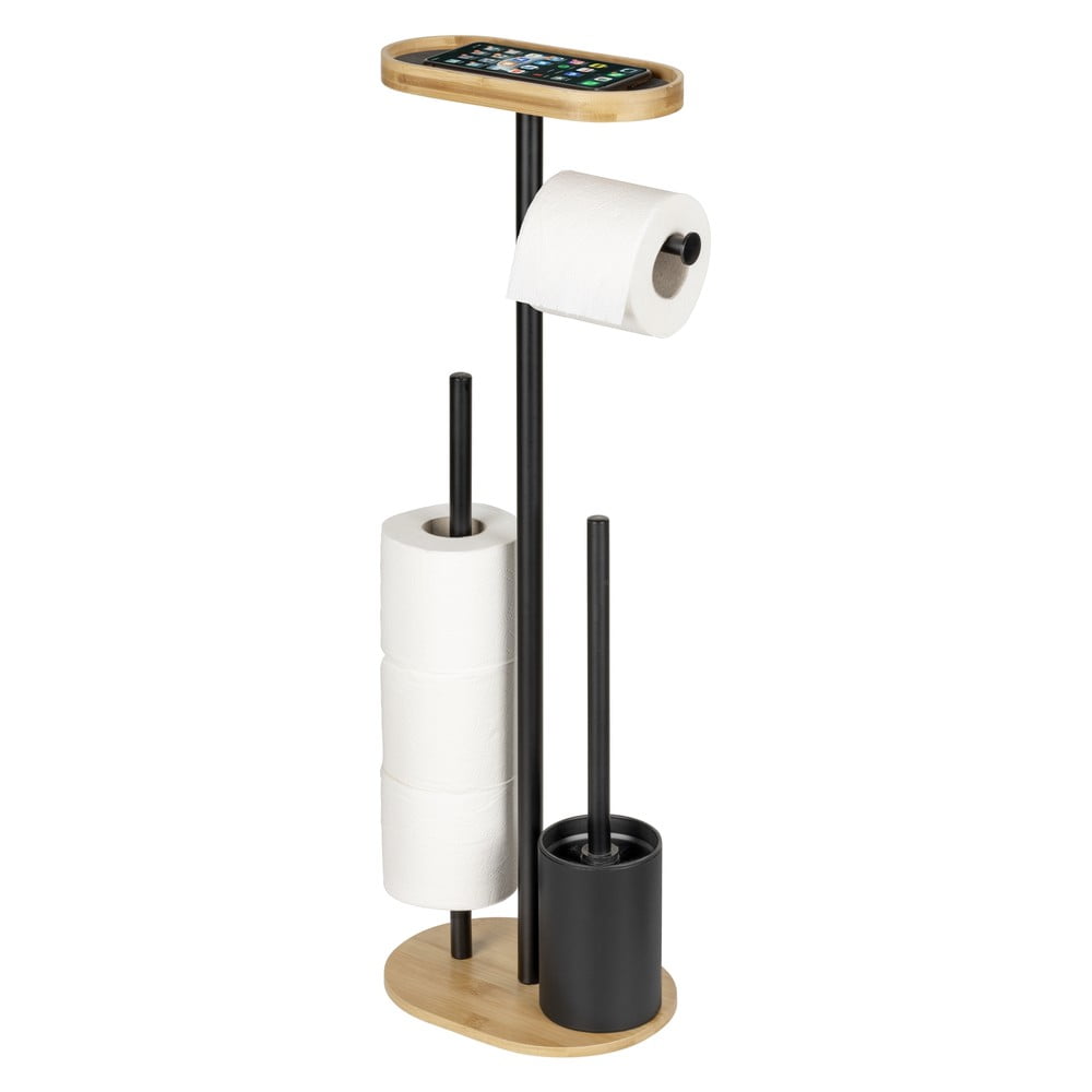 Čierny/v prírodnej farbe oceľový stojan na toaletný papier so štetkou Pomarolo – Wenko