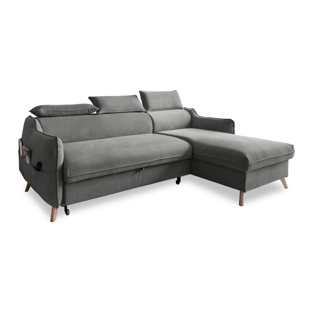 Svetlosivá zamatová rozkladacia rohová pohovka (pravý roh) Sweet Harmony – Miuform