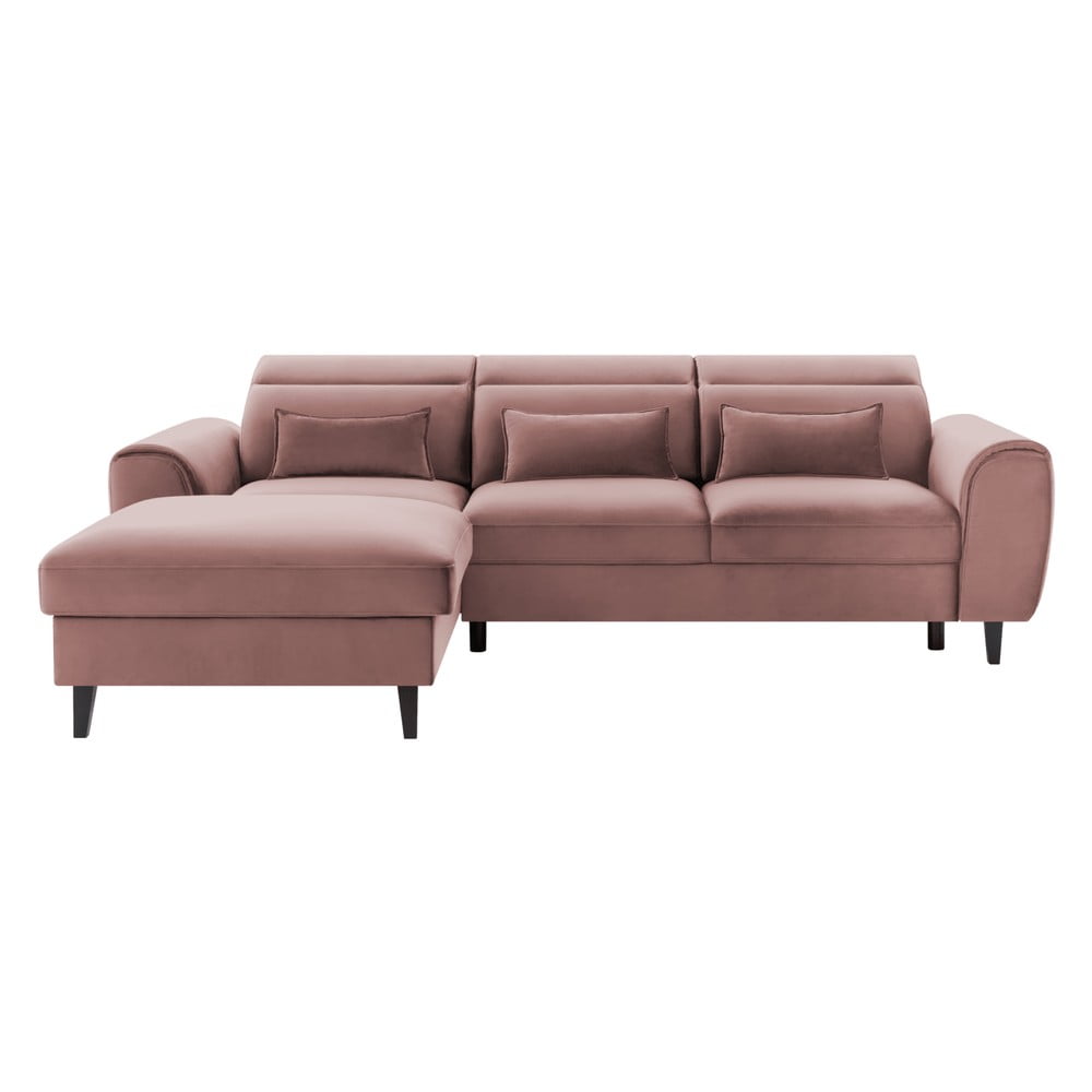 Ružová zamatová rozkladacia/s úložným priestorom rohová pohovka (ľavý roh/s leňoškou) Foble – ELTAP