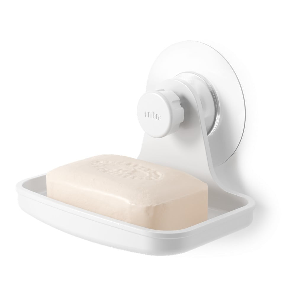 Biela nádobka na mydlo z recyklovaného plastu bez vŕtania Flex – Umbra
