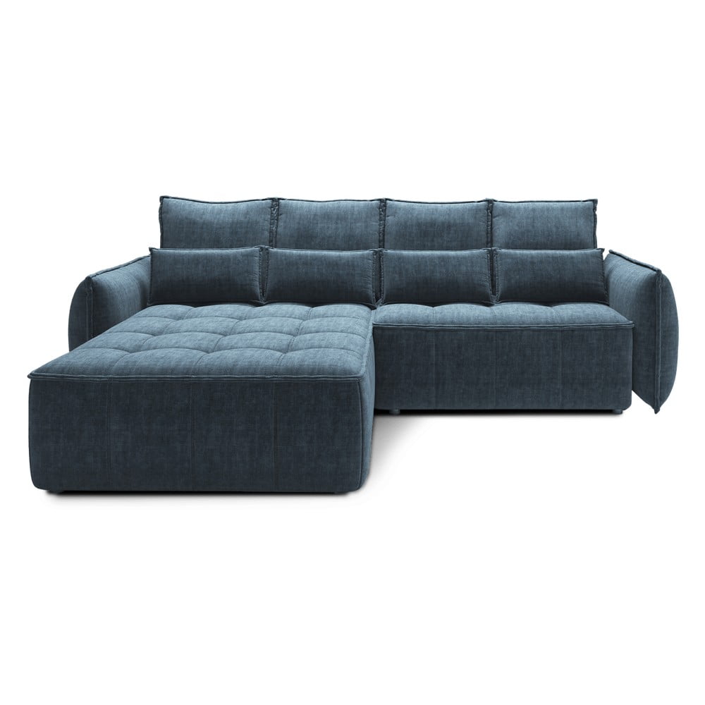 Modrá zamatová rozkladacia/s úložným priestorom rohová pohovka (ľavý roh/s leňoškou) Campo – ELTAP