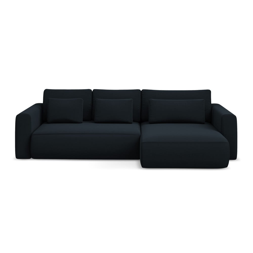 Tmavomodrá zamatová rozkladacia/s úložným priestorom rohová pohovka (pravý roh/s leňoškou) Kapua – Makamii