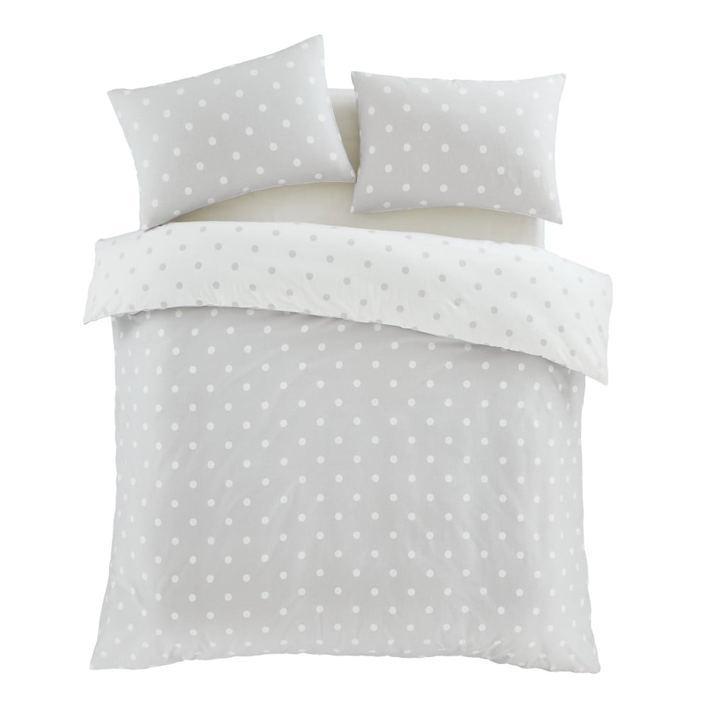 Biele/sivé flanelové obliečky na jednolôžko 135x200 cm Polka Dot – Catherine Lansfield