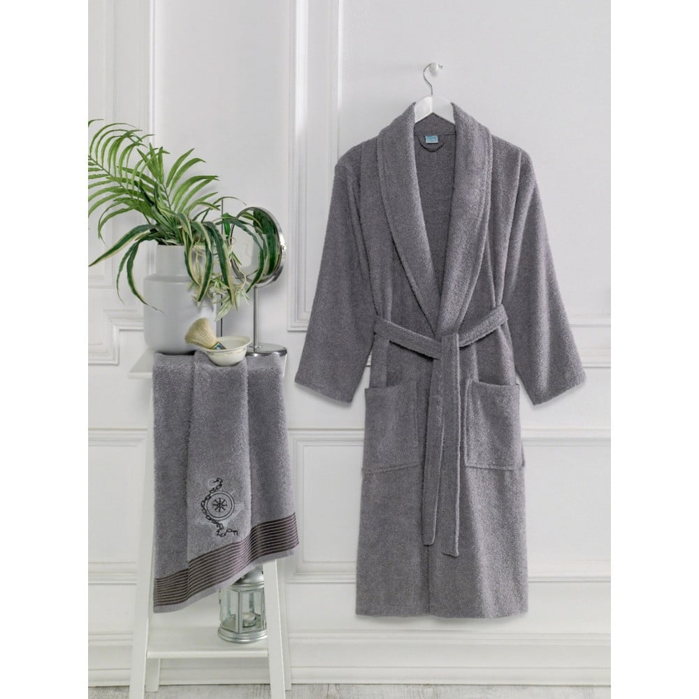 Tmavosivý bavlnený župan a uterák v súprave veľkosť S/M – Mila Home