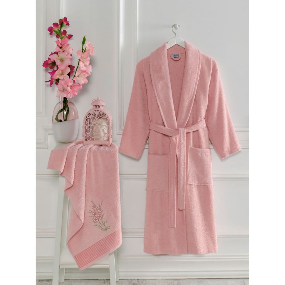 Ružový bavlnený župan a uterák v súprave veľkosť S/M – Mila Home