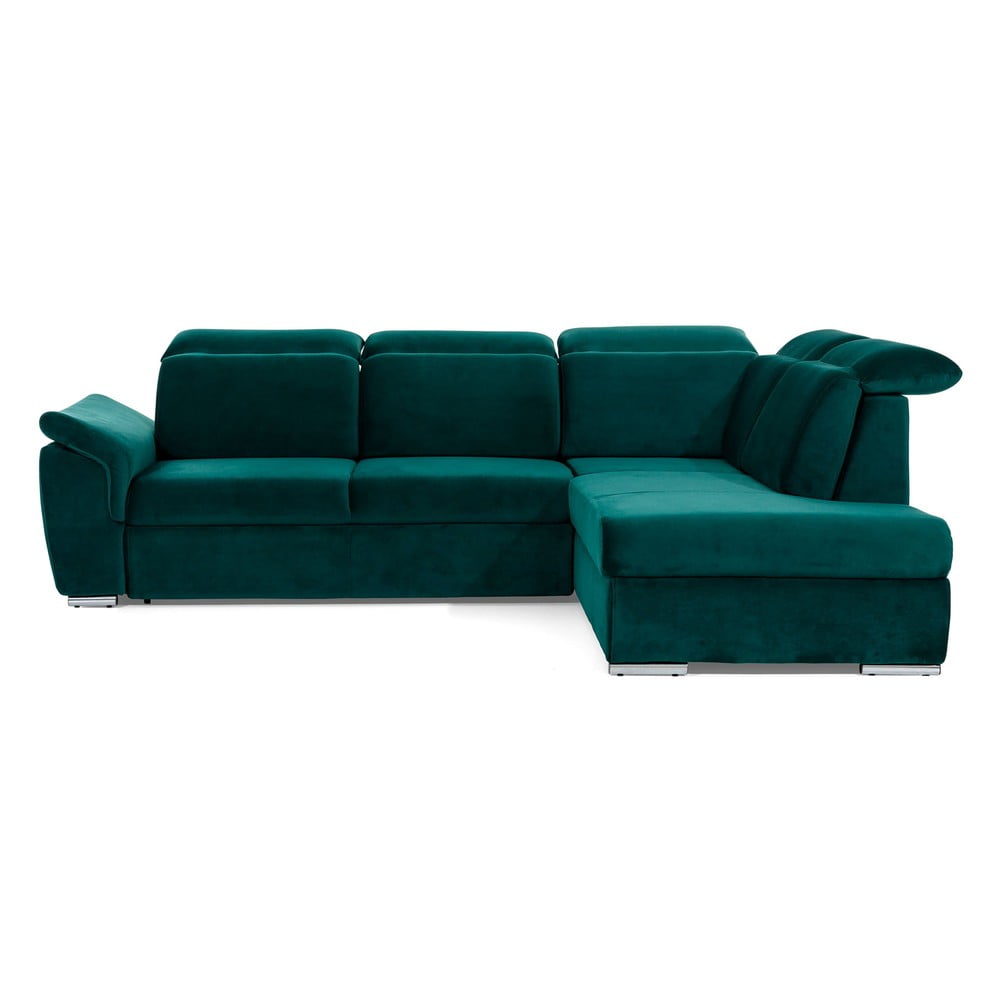 Zelená zamatová rozkladacia/s úložným priestorom rohová pohovka (pravý roh/do L) Loreto – ELTAP