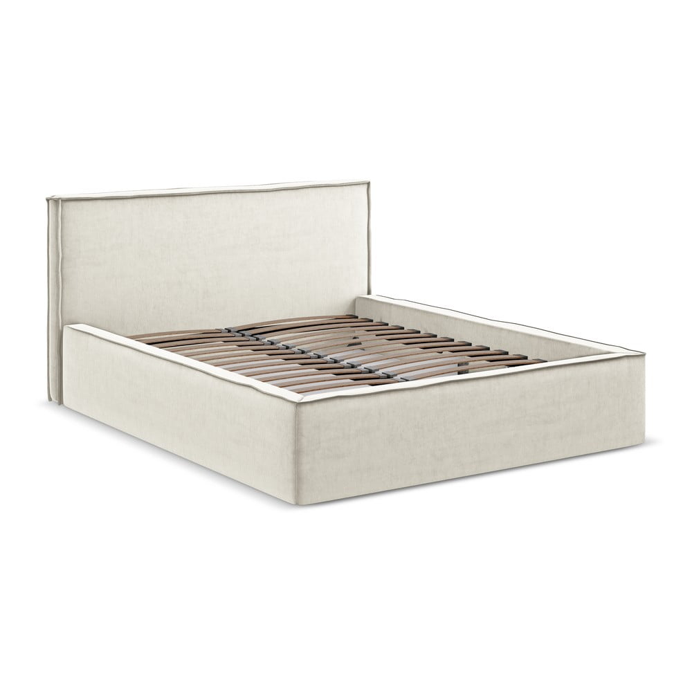 Krémovobiela čalúnená dvojlôžková posteľ s úložným priestorom s roštom 140x200 cm Anani – Makamii