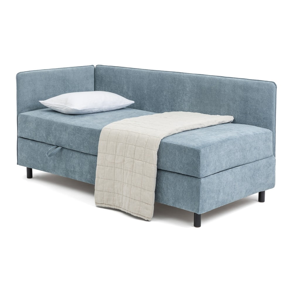 Modrá čalúnená jednolôžková posteľ s úložným priestorom s matracom 90x200 cm Avela – Bonami Selection