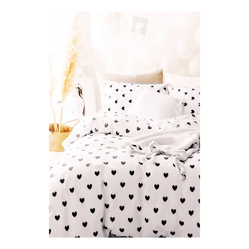 Biele predĺžené obliečky na jednolôžko z bavlny Renforcé s plachtou/3-dielne 160x220 cm Mini Hearts – Mila Home