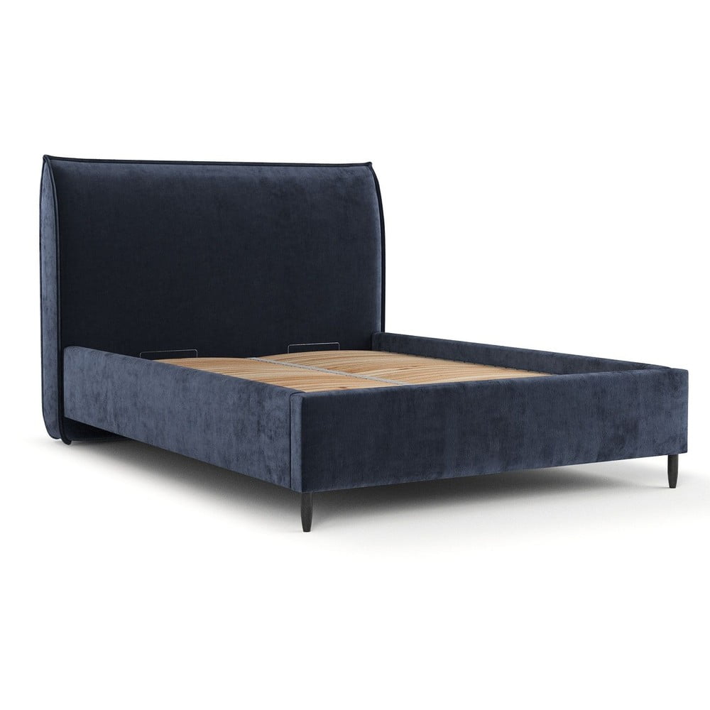 Tmavomodrá čalúnená dvojlôžková posteľ s úložným priestorom s roštom 180x200 cm Shell – Maison de Rêve
