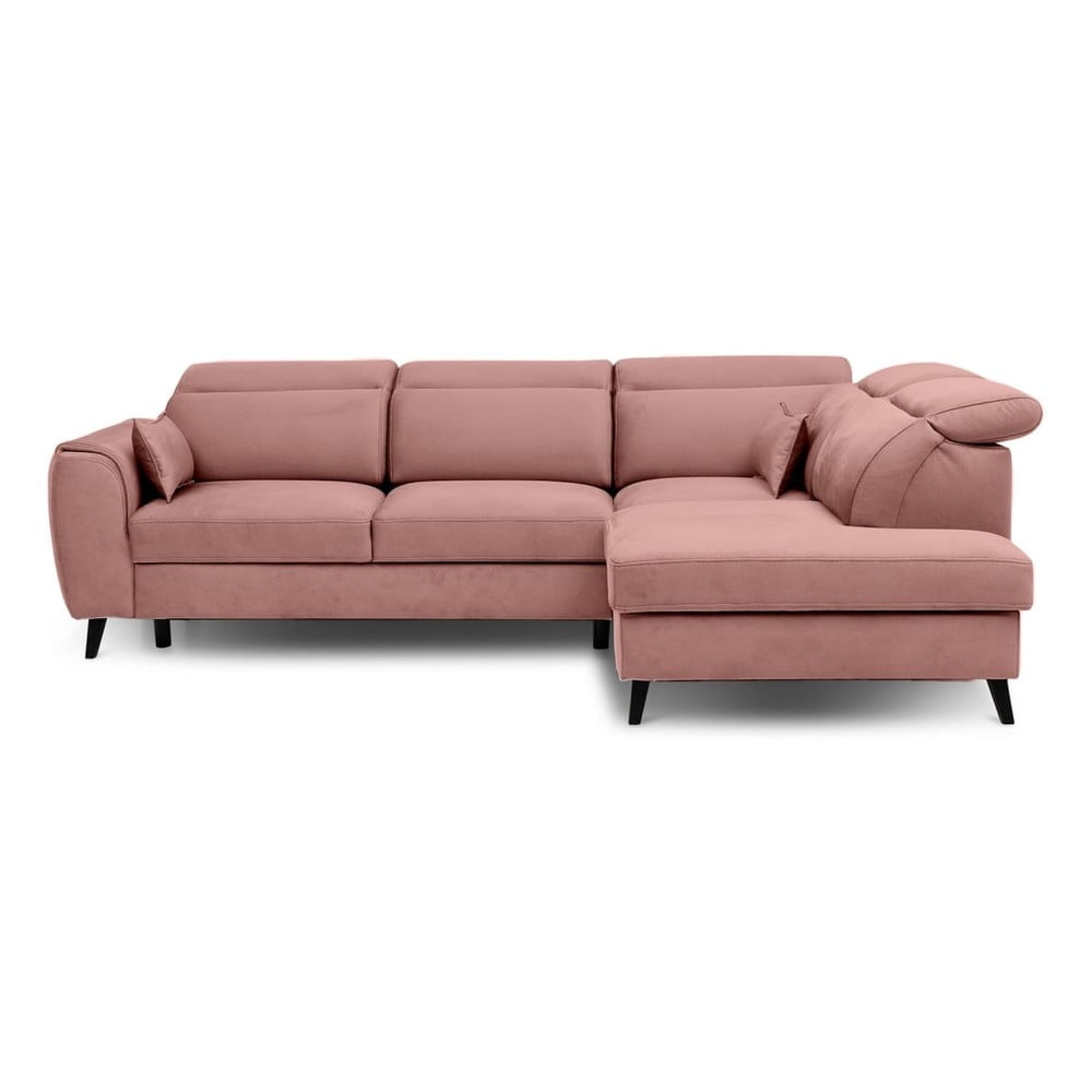 Ružová zamatová rozkladacia/s úložným priestorom rohová pohovka (pravý roh/do L) Noble – ELTAP