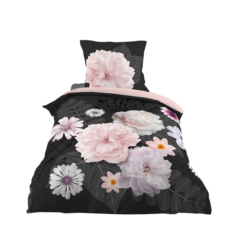 Čierne/ružové bavlnené obliečky na jednolôžko 140x200 cm Floral – douceur d'intérieur