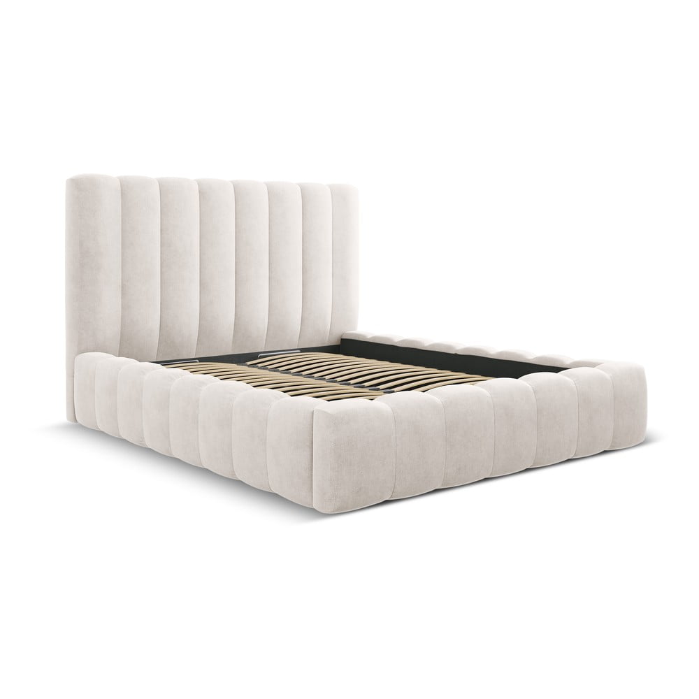Krémová čalúnená dvojlôžková posteľ s úložným priestorom a roštom 160x200 cm Kelp – Micadoni Home