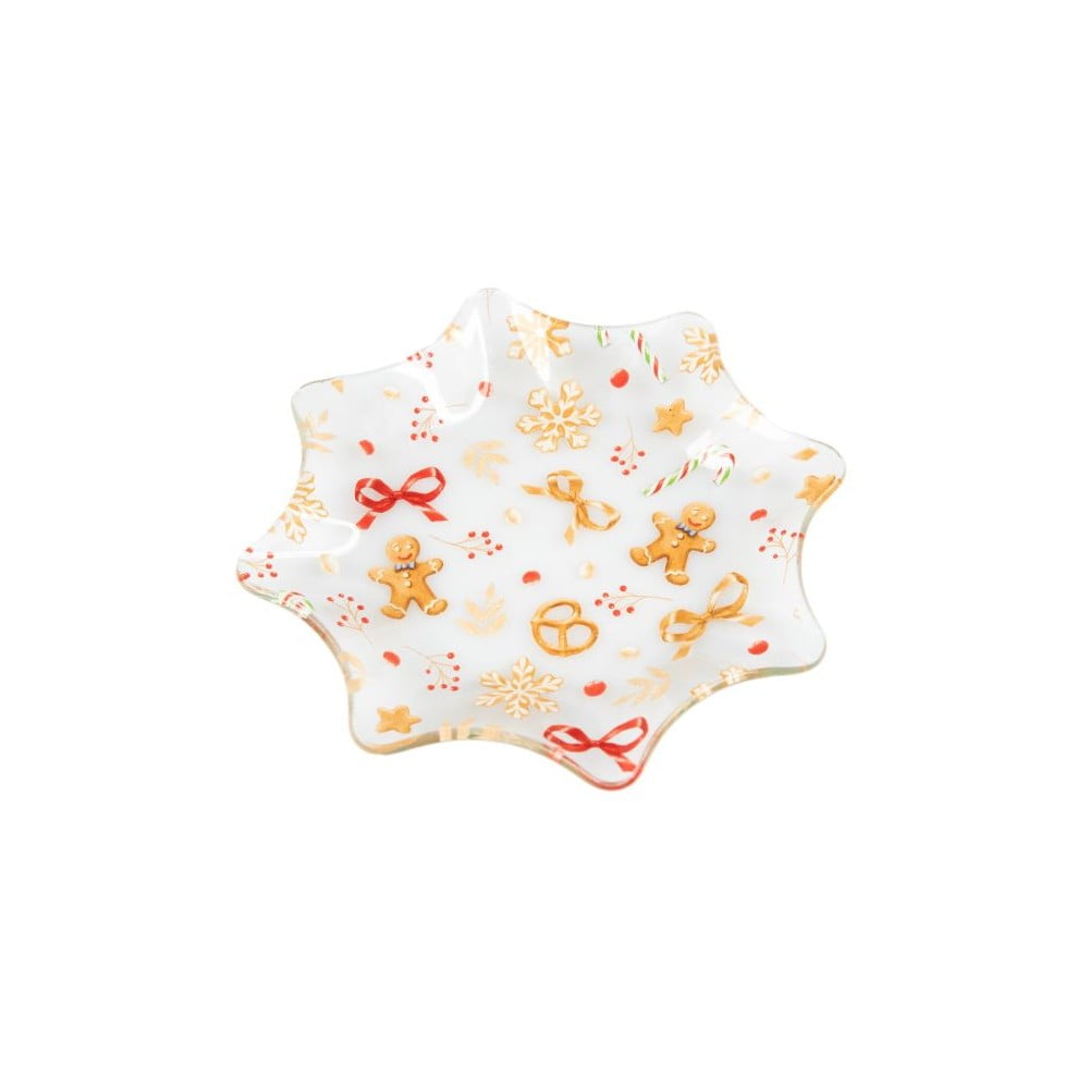 Biely servírovací sklenený tanier s vianočným motívom ø 15 cm Gingerbread – Dakls