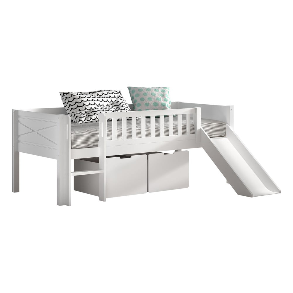 Biela vyvýšená detská posteľ z borovicového dreva s úložným priestorom s roštom 90x200 cm Scott – Vipack