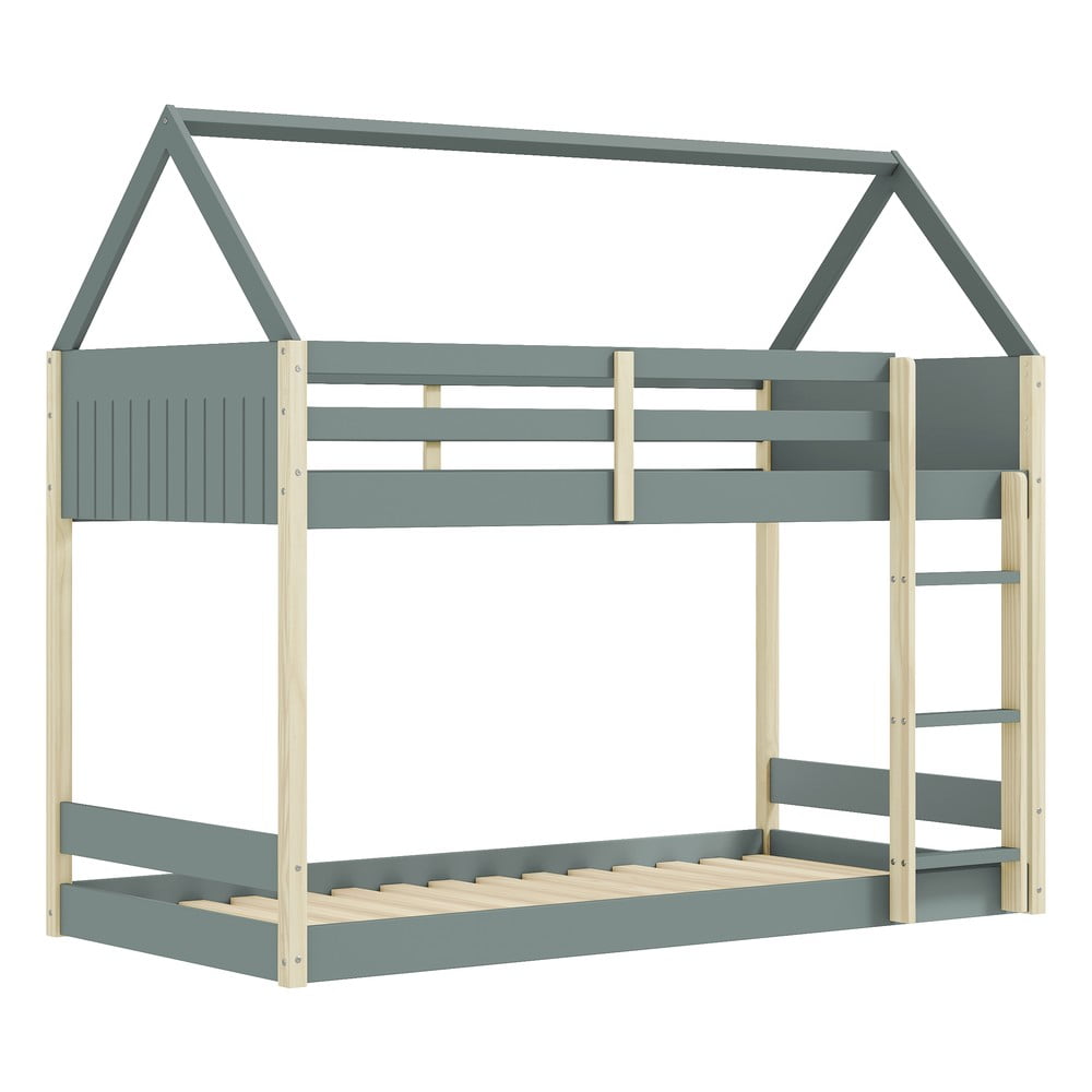 Domčeková/poschodová detská posteľ s roštom 90x190 cm v prírodnej farbe/sivozelená Valka – Marckeric