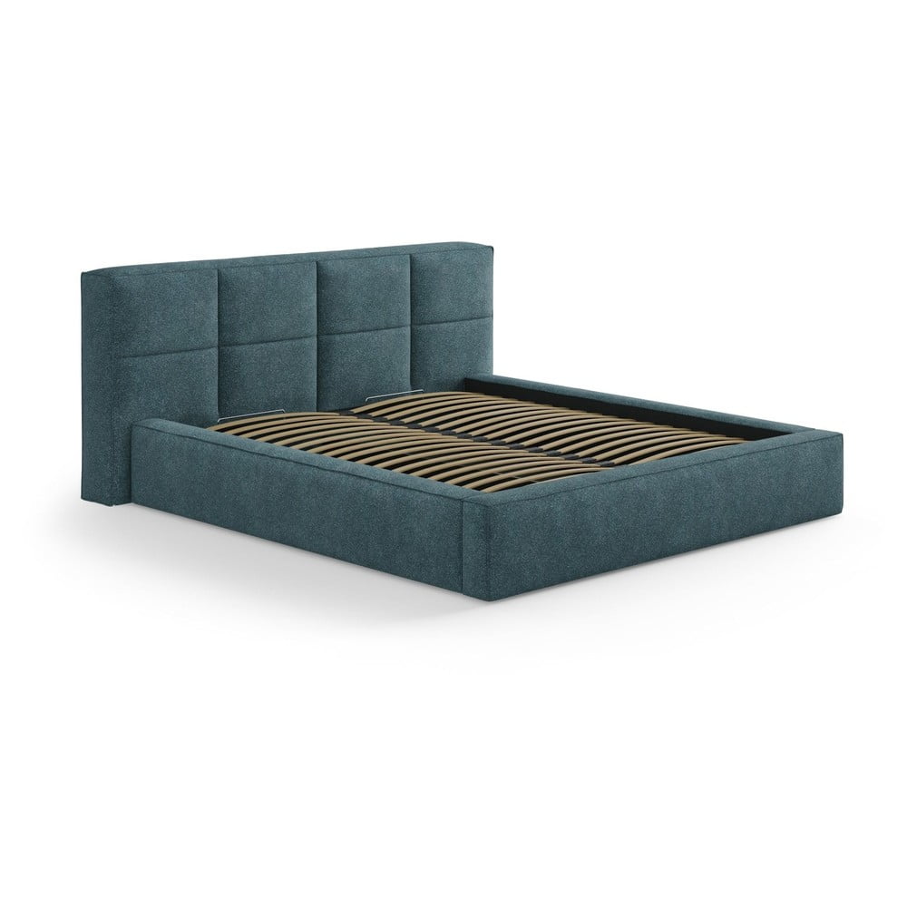Modrá čalúnená dvojlôžková posteľ s úložným priestorom s roštom 160x200 cm Simon Darren – Micadoni