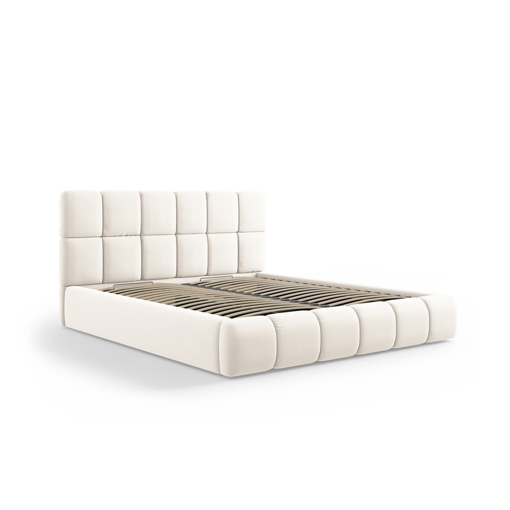 Krémová zamatová čalúnená dvojlôžková posteľ s úložným priestorom s roštom 200x200 cm Bellis – Micadoni