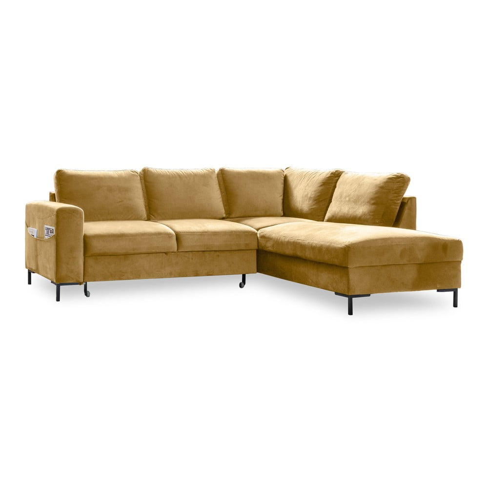 Žltá zamatová rozkladacia rohová pohovka (pravý roh) Lofty Lilly – Miuform